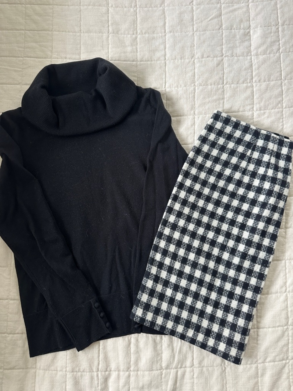 Talbots Black Cowlneck Sweater & Plaid Skirt